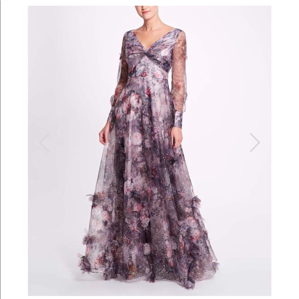Marchesa Notte Floral Blouson Sleeve Foiled Organza Gown NWT